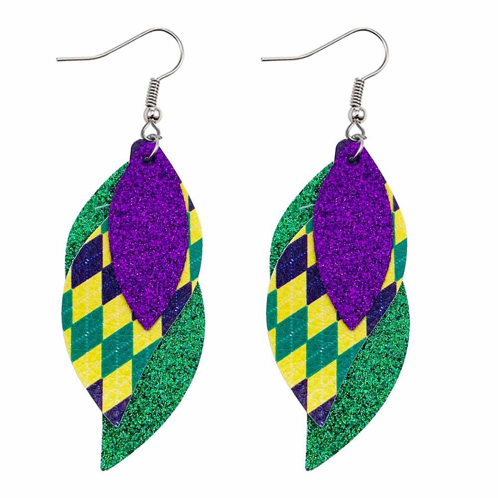 Wholesale Carnival Triple Leather Shiny Leaf Shape Bohemian Carnival Earrings