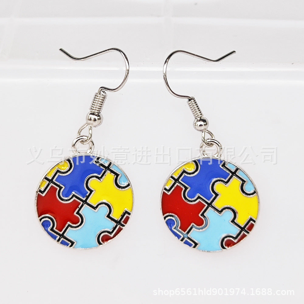Wholesale 2PCS/Pack Color Puzzle Earrings Alloy Dropping Oil Puzzle Autism Ladies Earrings