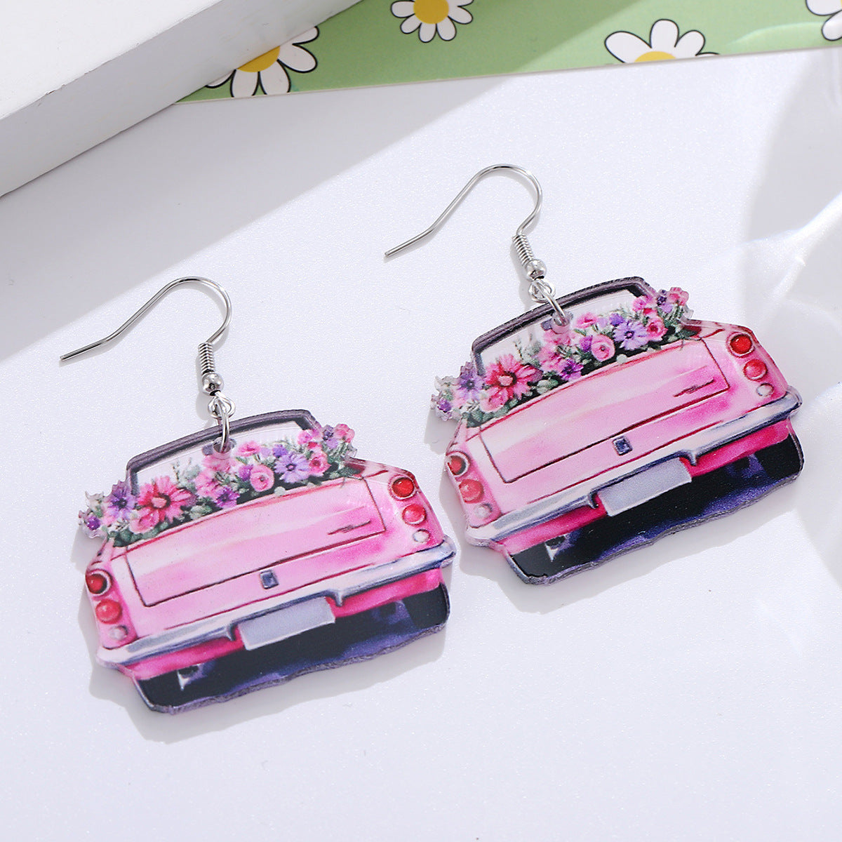 Wholesale Spring and Summer Pink Car Flower Acrylic Pendant Earrings