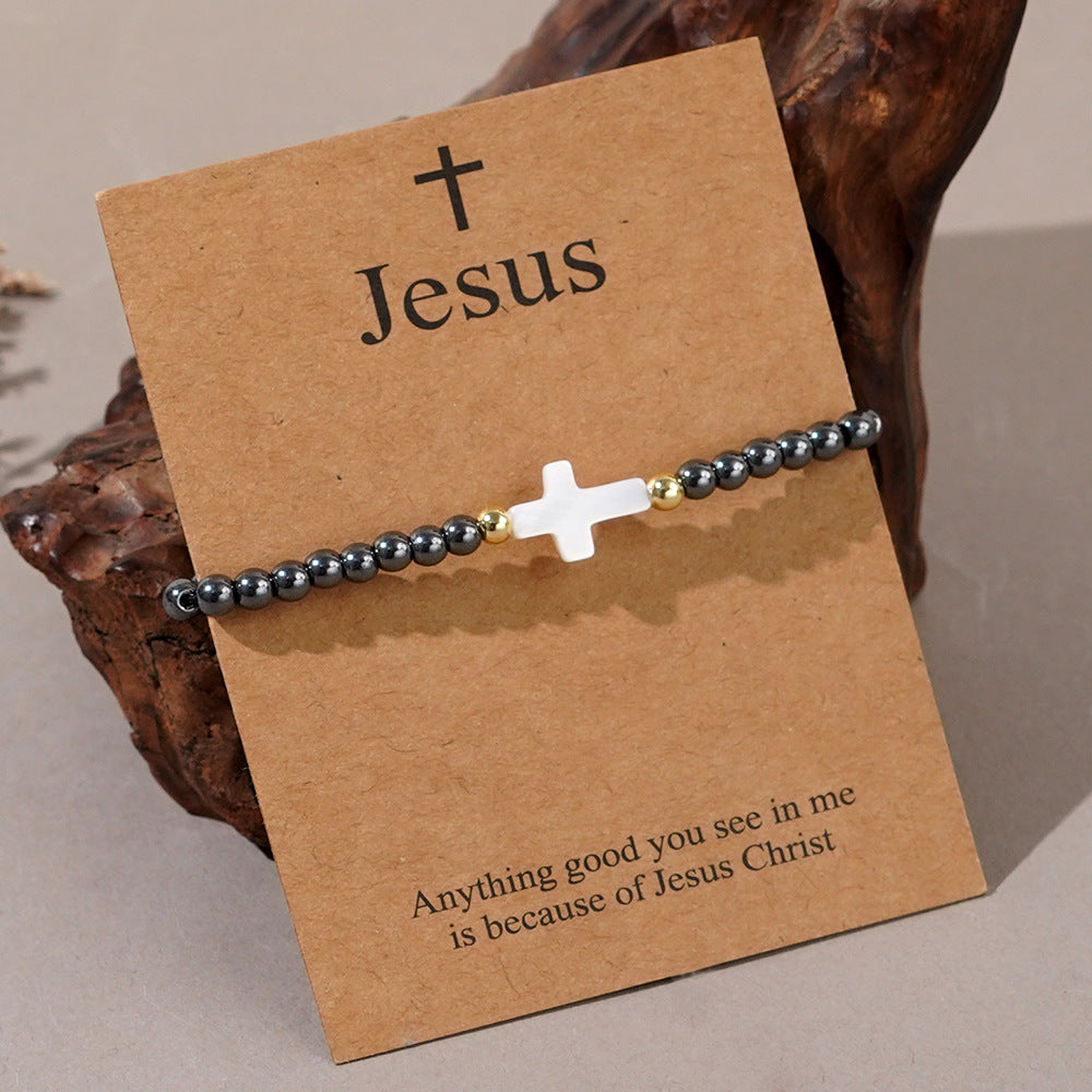Wholesale Shell Cross Black Gallstone Beaded Bracelet