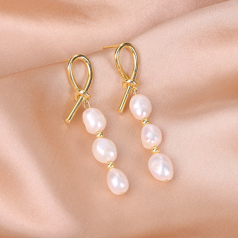 Wholesale Baroque Natural Freshwater Pearl Knotted Irregular Alloy Earrings