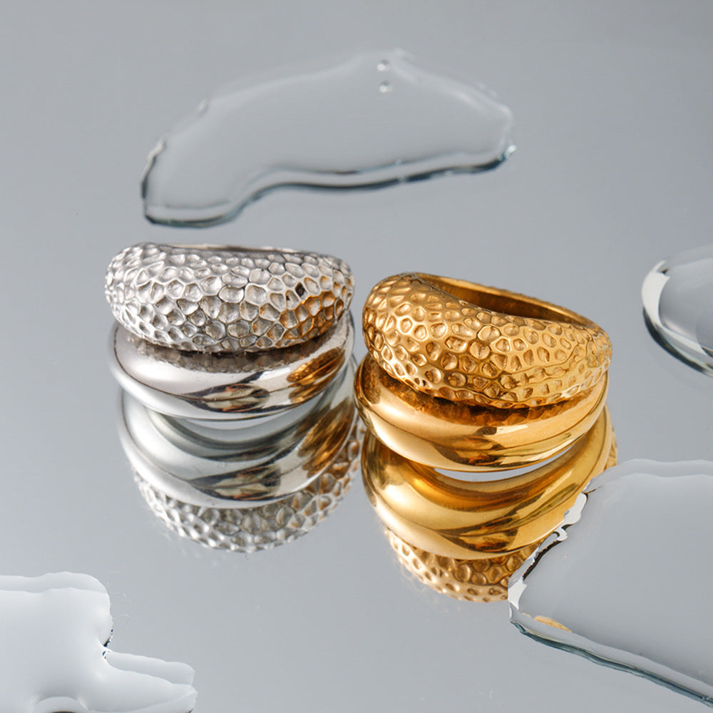 Wholesale Stainless Steel 18k Gold Plated Double Layer Hammered Glossy Stainless Steel Ring