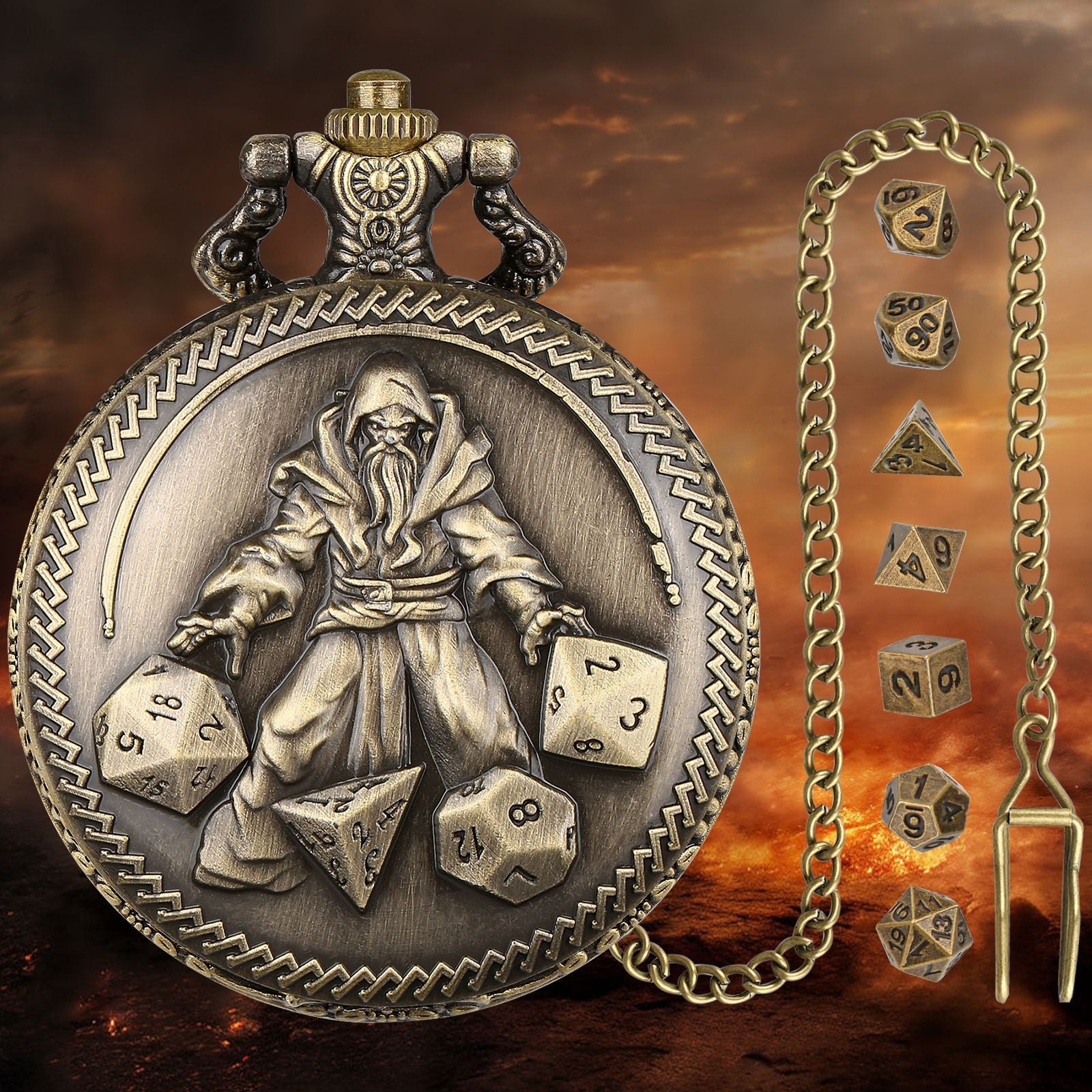 Wholesale DND Dice Vintage Flip Bronze Mage Thick Waist Chain Pocket Watch Case