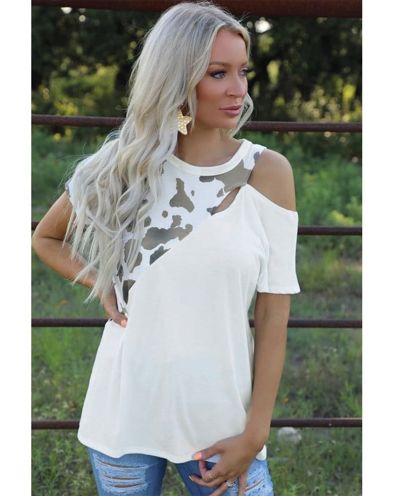 Wholesale Cow Print Round Neck Patchwork Slim Short Sleeves