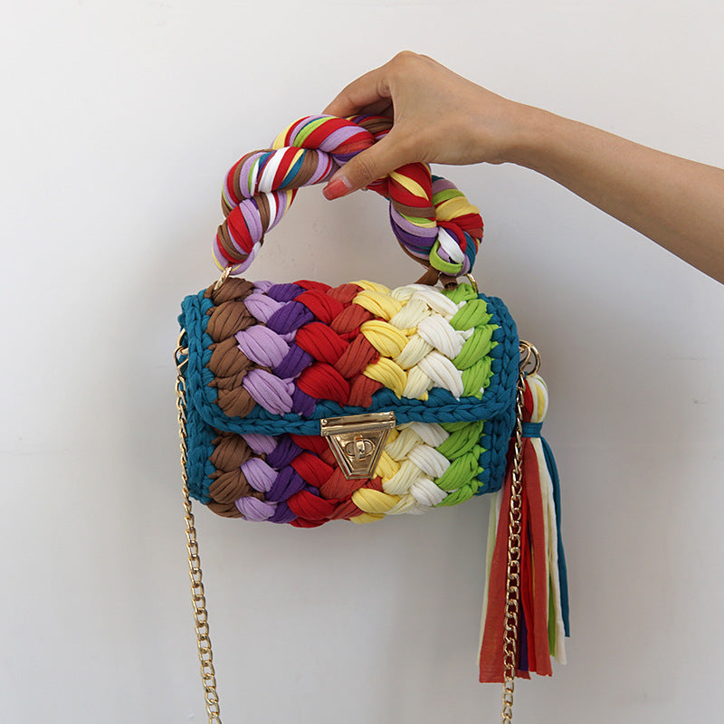 Wholesale Handmade Polyester Woven Handbags with Colored Chain Strips and Diagonal Cross Shaped Handbags