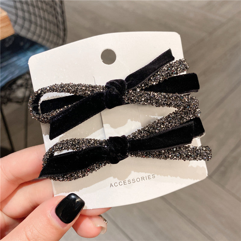 Wholesale Black Velvet Small Bow Rhinestone Hair Clips