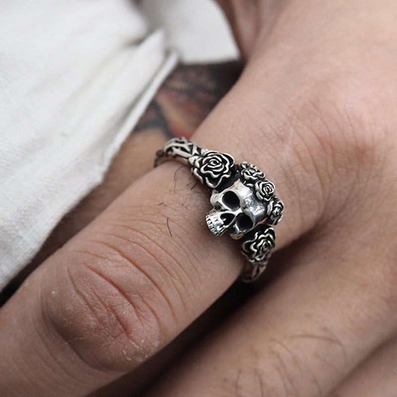 Wholesale Retro dark personality gothic black rose skull ring