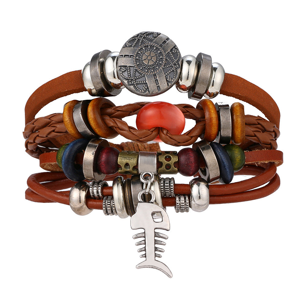 Wholesale Vintage Leaf Handwoven Multi-layer Leather Bracelet