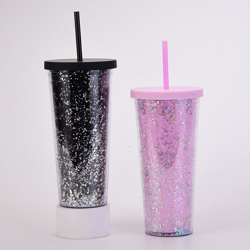 Wholesale  24OZ Double Layer Plastic Cup Sequins Glitter Creative Water Cup with Straw
