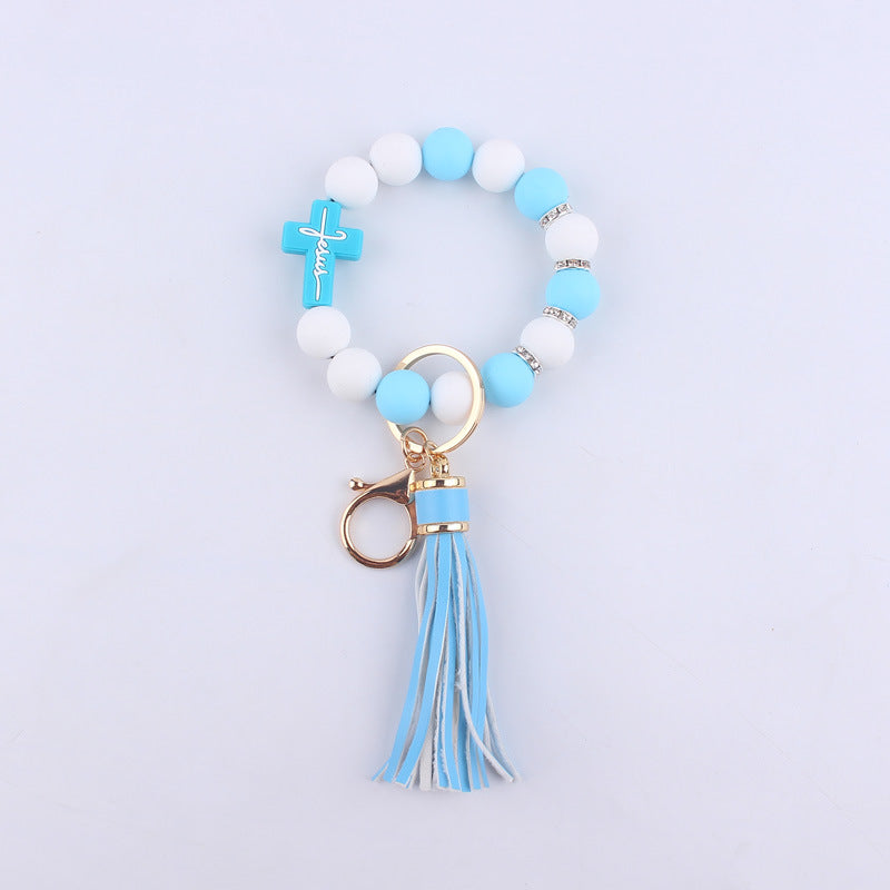 Wholesale Cartoon Silicone Cross Bead Tassel Wrist Keychain