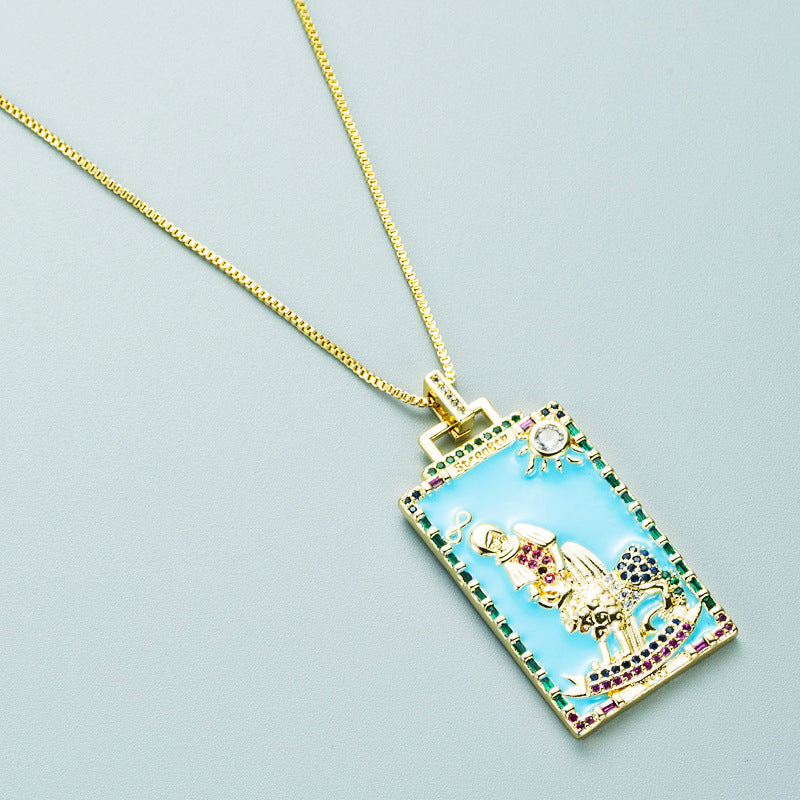 Wholesale Zircon Oil Drop Tarot Pattern Square Pendant Necklace