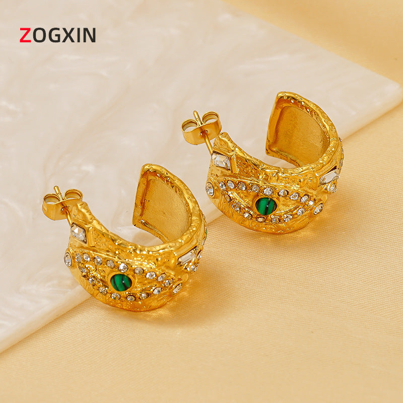 Wholesale Vintage texture devil's eye natural malachite stainless steel earrings