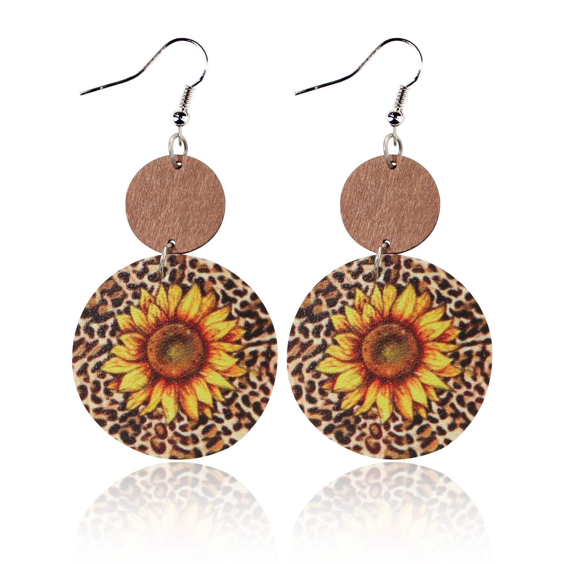Wholesale Leopard Sunflower Eyes Round Leather Wood Earrings