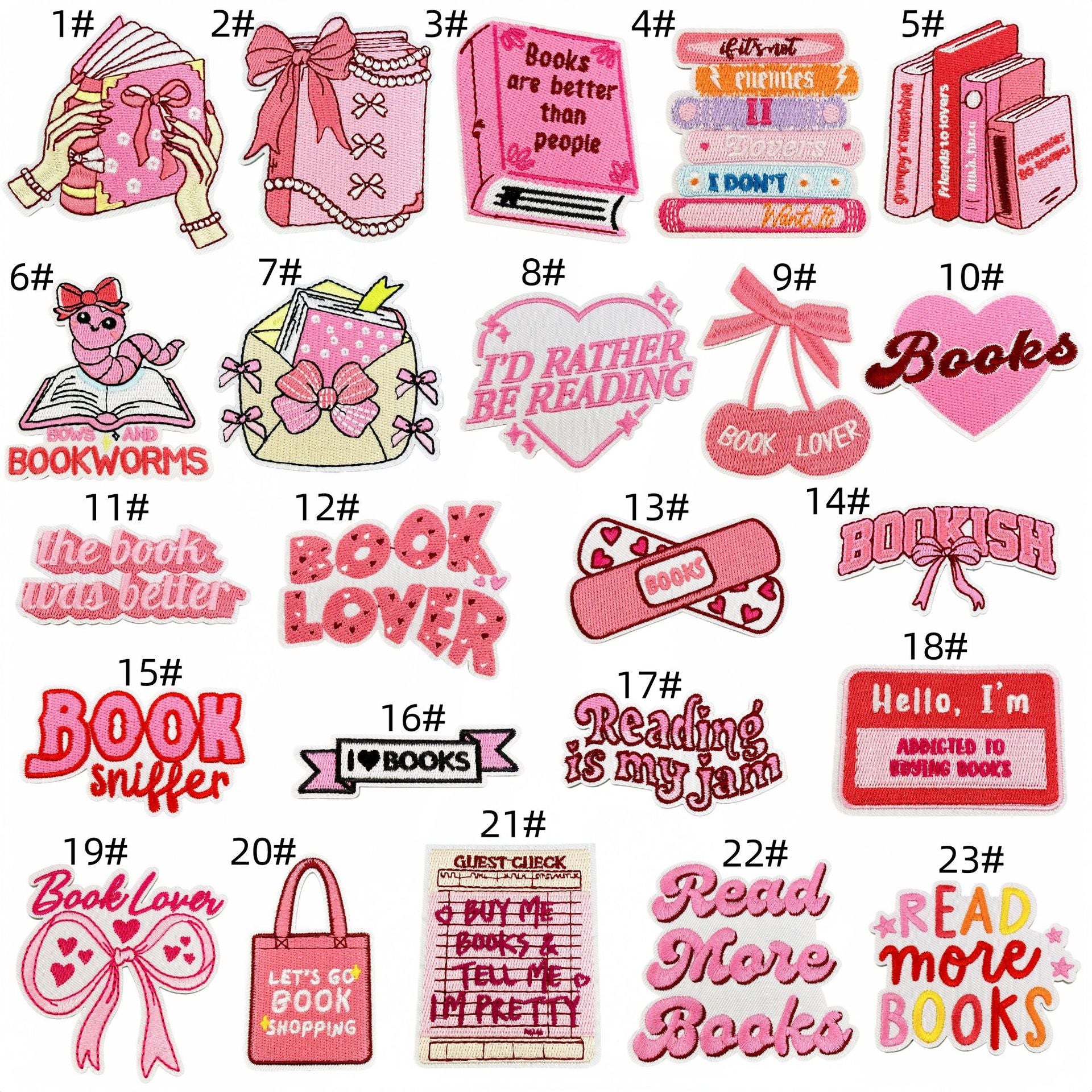 Wholesale Stylish Pink Reading Themed Iron On Embroidered Patches 23 Pack Decorative Accent For Bags Clothes