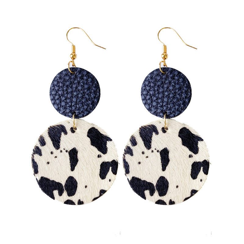 Wholesale 2pcs Cow Grain Leather Top Layer Cowhide Round Water Droplet Cow Head Retro Horsehair Quality Texture Fashionable Earrings