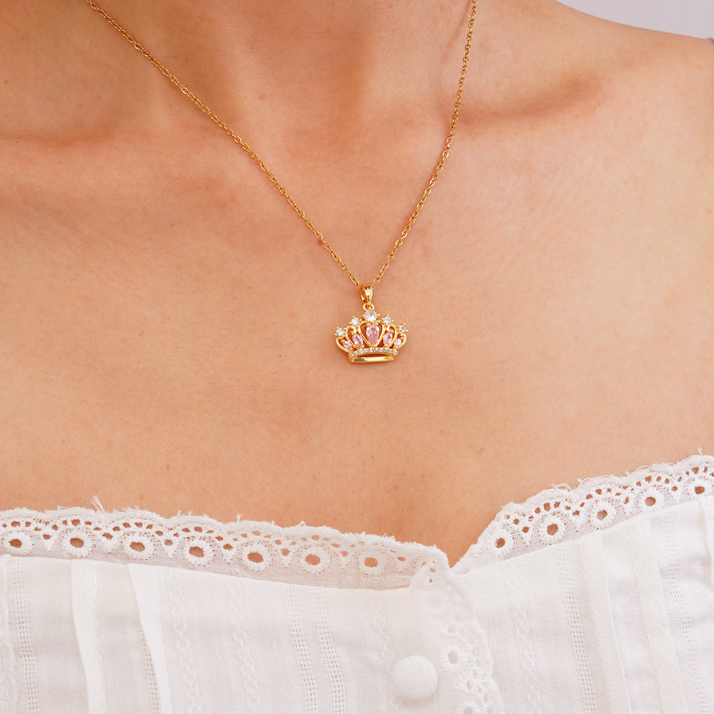 Wholesale Copper Inlaid Zircon Princess Crown Pendant Necklace Clavicle Chain