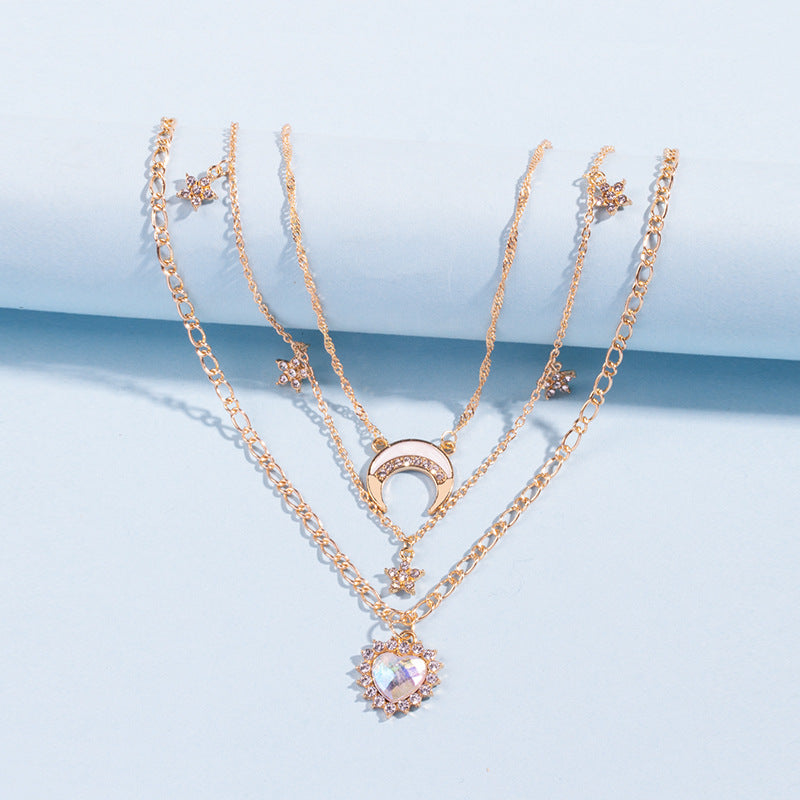 Wholesale Long crystal heart-shaped moon necklace