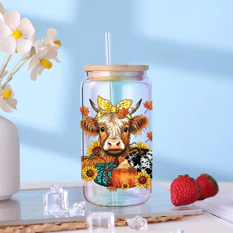 Wholesale Cute flowers lamb  calf 16oz Cup UV DTF Wraps