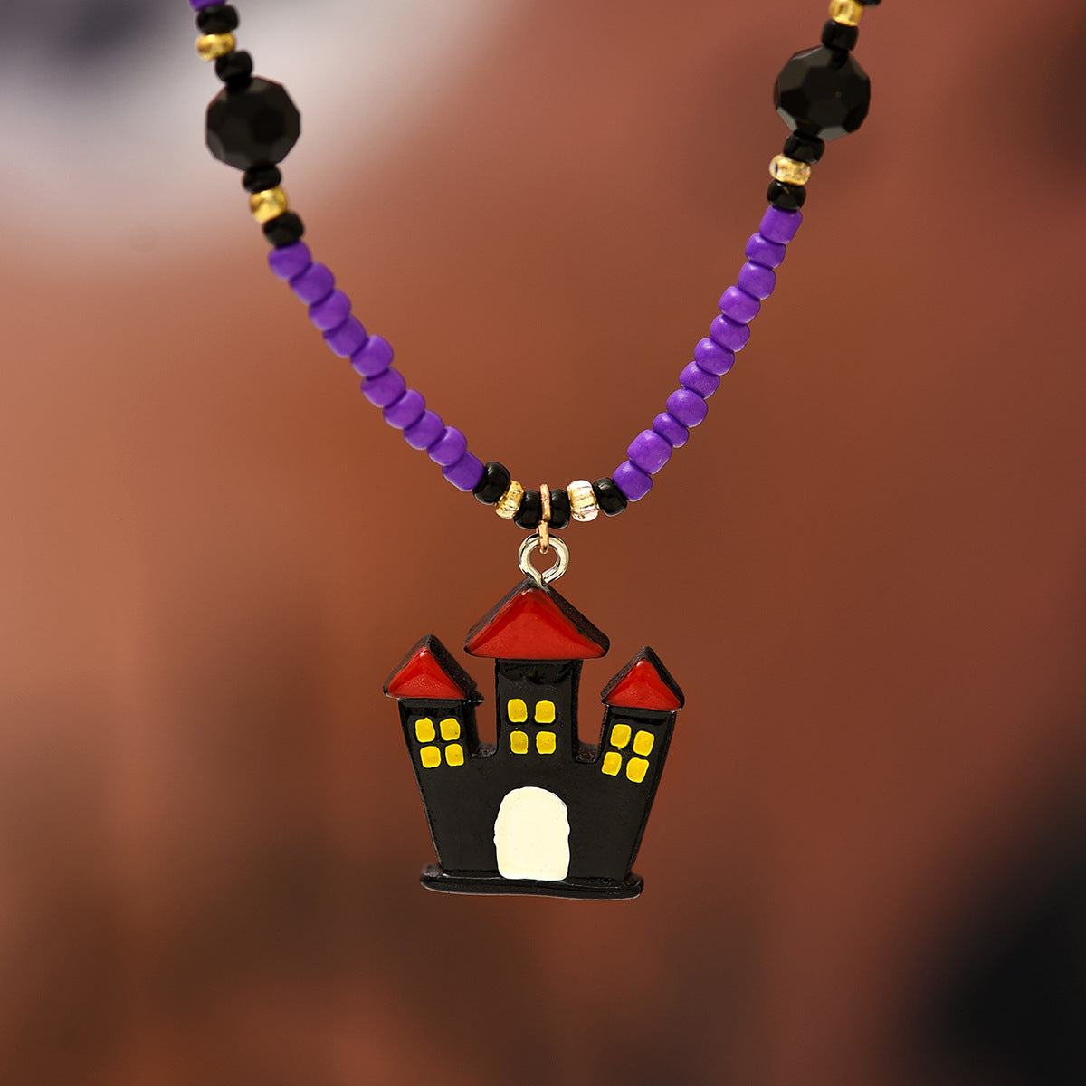 Wholesale Halloween Rice Beads Dark Castle Bat Earrings Necklace Set