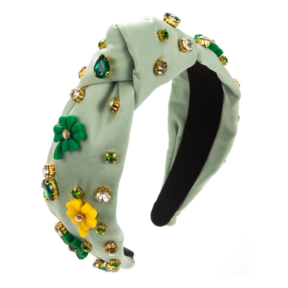 Wholesale St. Patrick's Day Dopamine Fabric Hand-stitched Glass Diamond Flower Headband