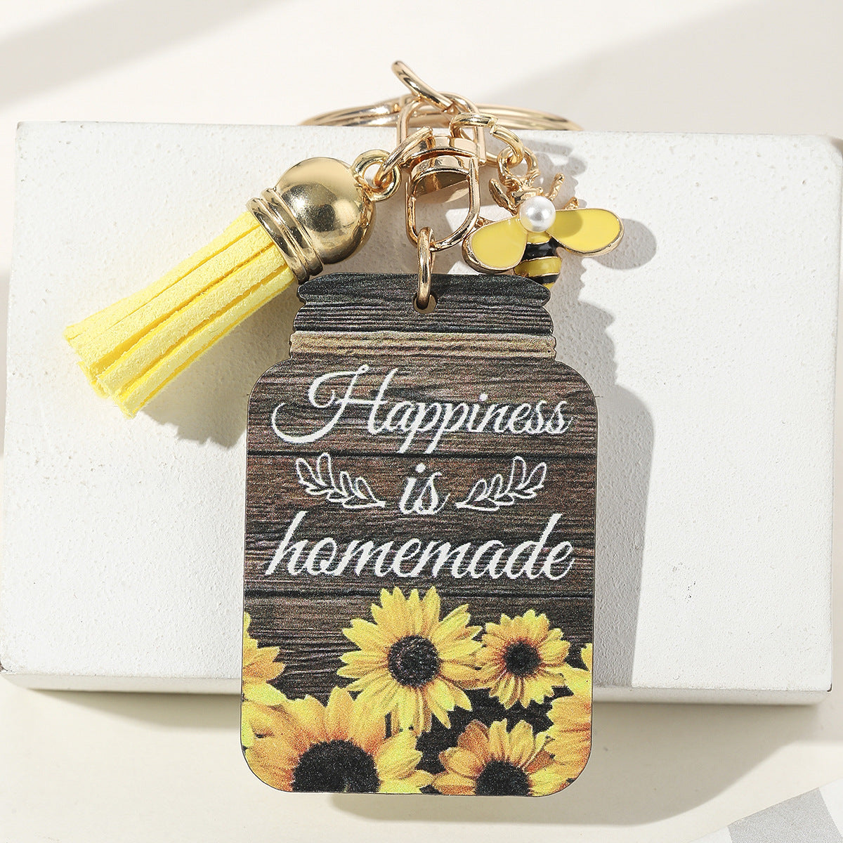 Wholesale Wooden Sunflower Slogan Bee Honeypot Color Printed Keychain
