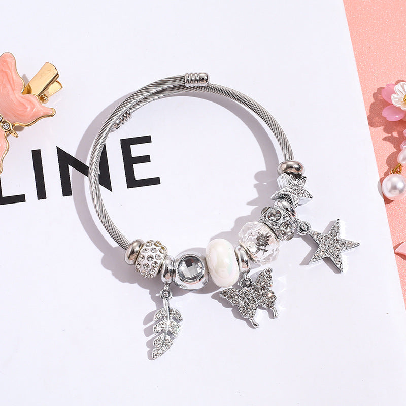 Wholesale Four Leaf Clover Diamond Cygnet Butterfly Stainless Steel Beaded Bracelet