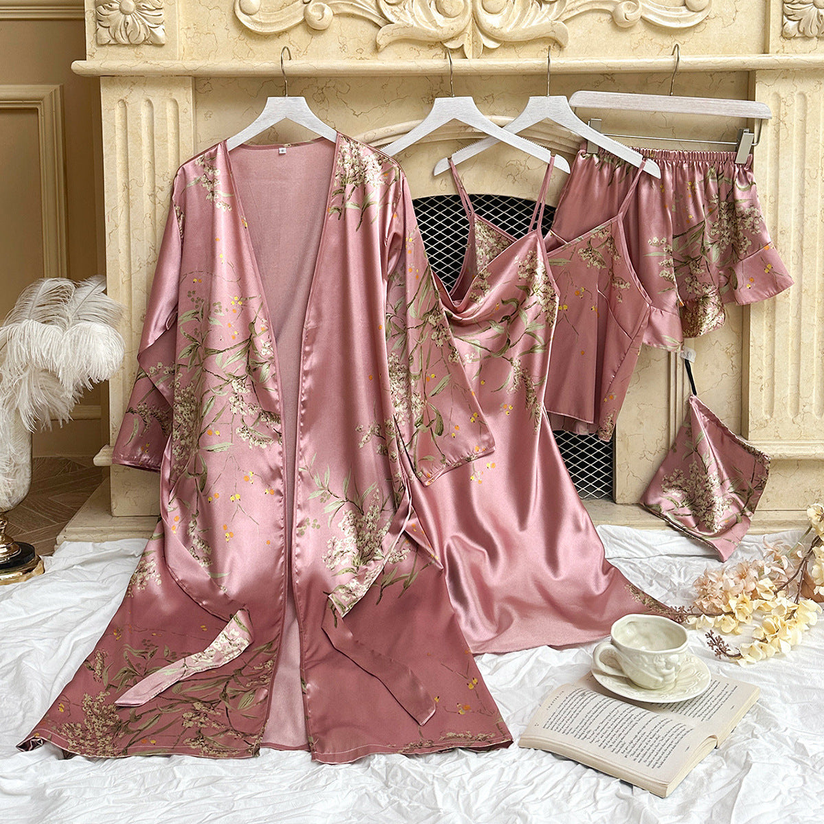 Wholesale  Homewear Set Sleepwear Thin Robe Strap Shorts Skirt Suit Floral Print Cherry Blossom Pajamas