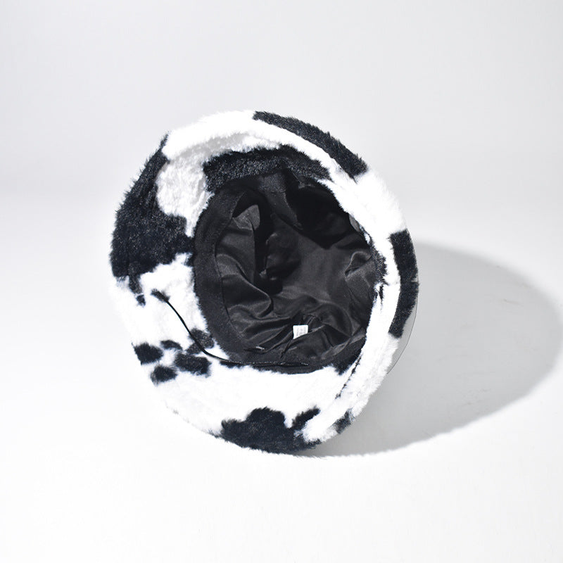 Wholesale Black and White Cow Pattern Plush Bucket Hat
