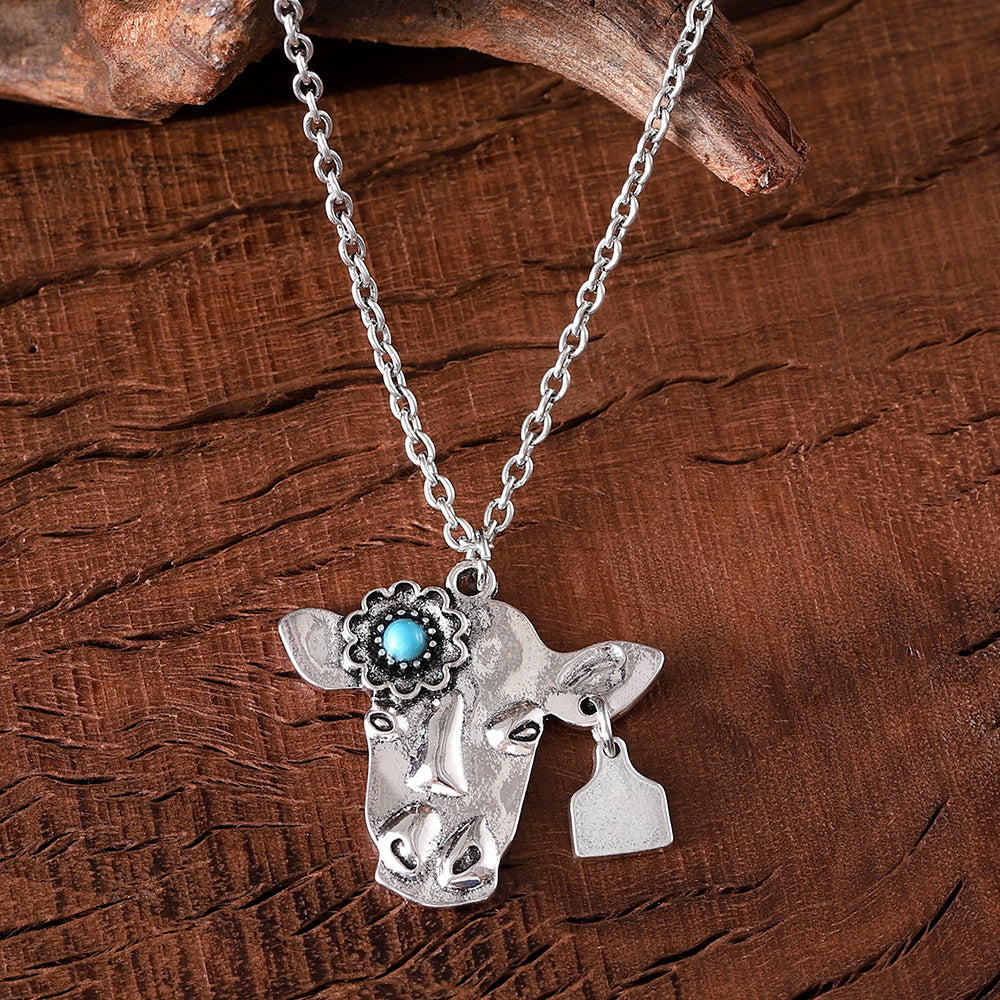 Wholesale Bohemian style turquoise bull head necklace