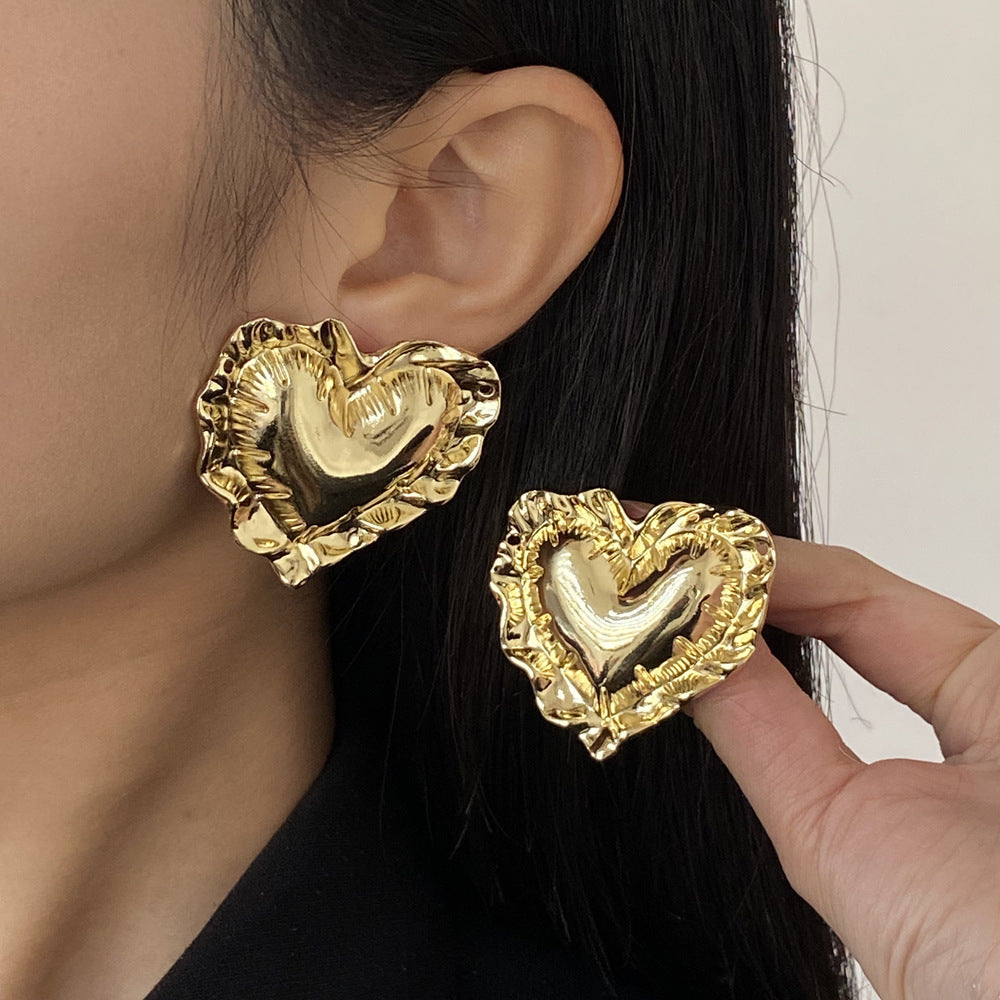 Wholesale wrinkled metal big heart earrings