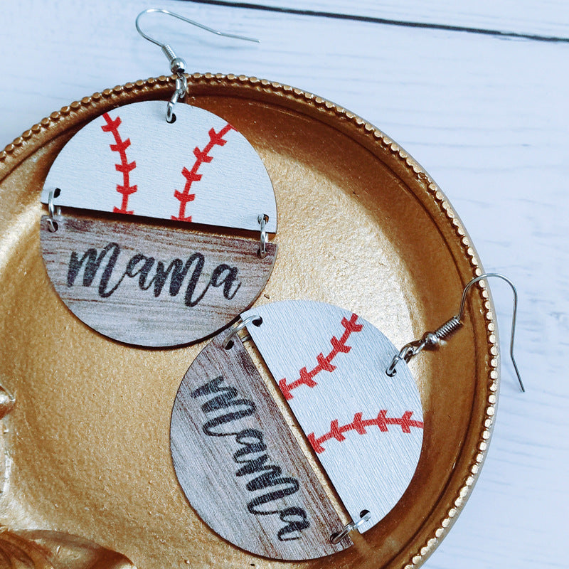Wholesale Mother' s Day wooden earrings Sports softball basketball wooden round earrings