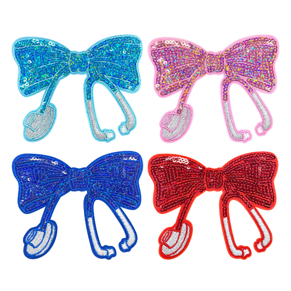 Wholesale Red Embroidered Bow Sequins Patch Nurse Stethoscope Decorative Applique Hot Melt Iron On For Coats Fashion Accessory
