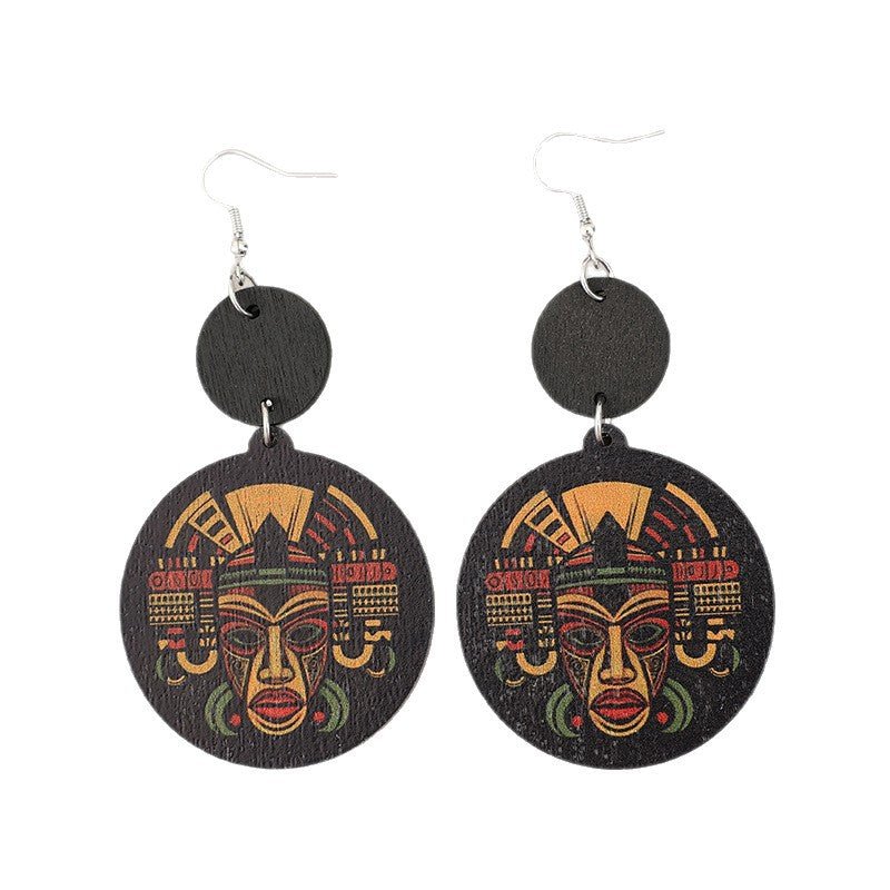 Wholesale Geometric Printed Pharaonic Image Vintage Wooden Earrings