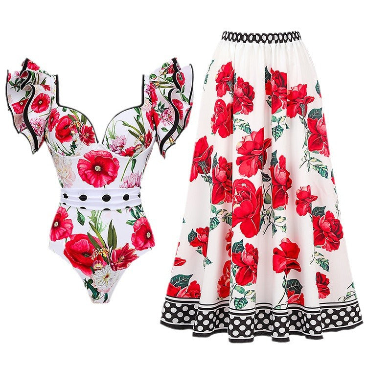Wholesale Hot Spring Sexy One-piece Conservative Printed Swimsuit Wrap Skirt Suit