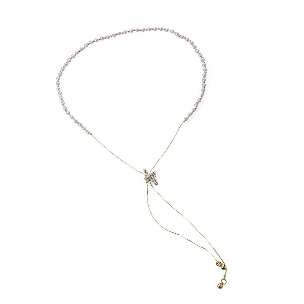 Wholesale Alloy Pearl Butterfly Tassel Pendant Necklace