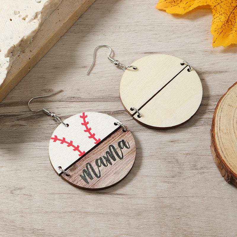 Wholesale Mother' s Day wooden earrings Sports softball basketball wooden round earrings