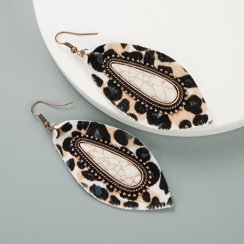 Wholesale Leopard Print Leather Large Green Pine Earrings Alloy Set