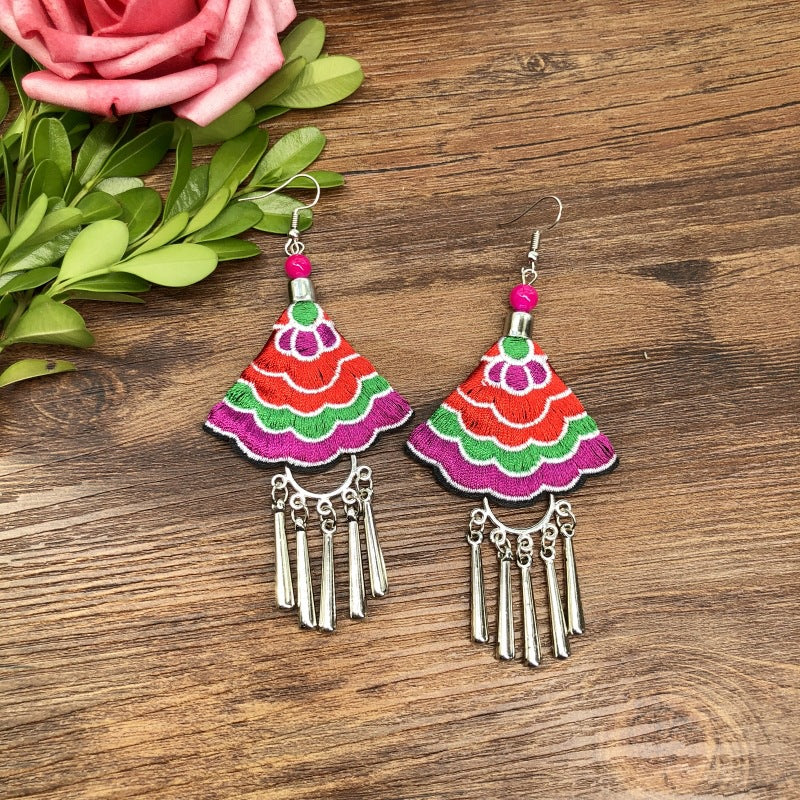 Wholesale Embroidered vintage fabric flower tassel earrings