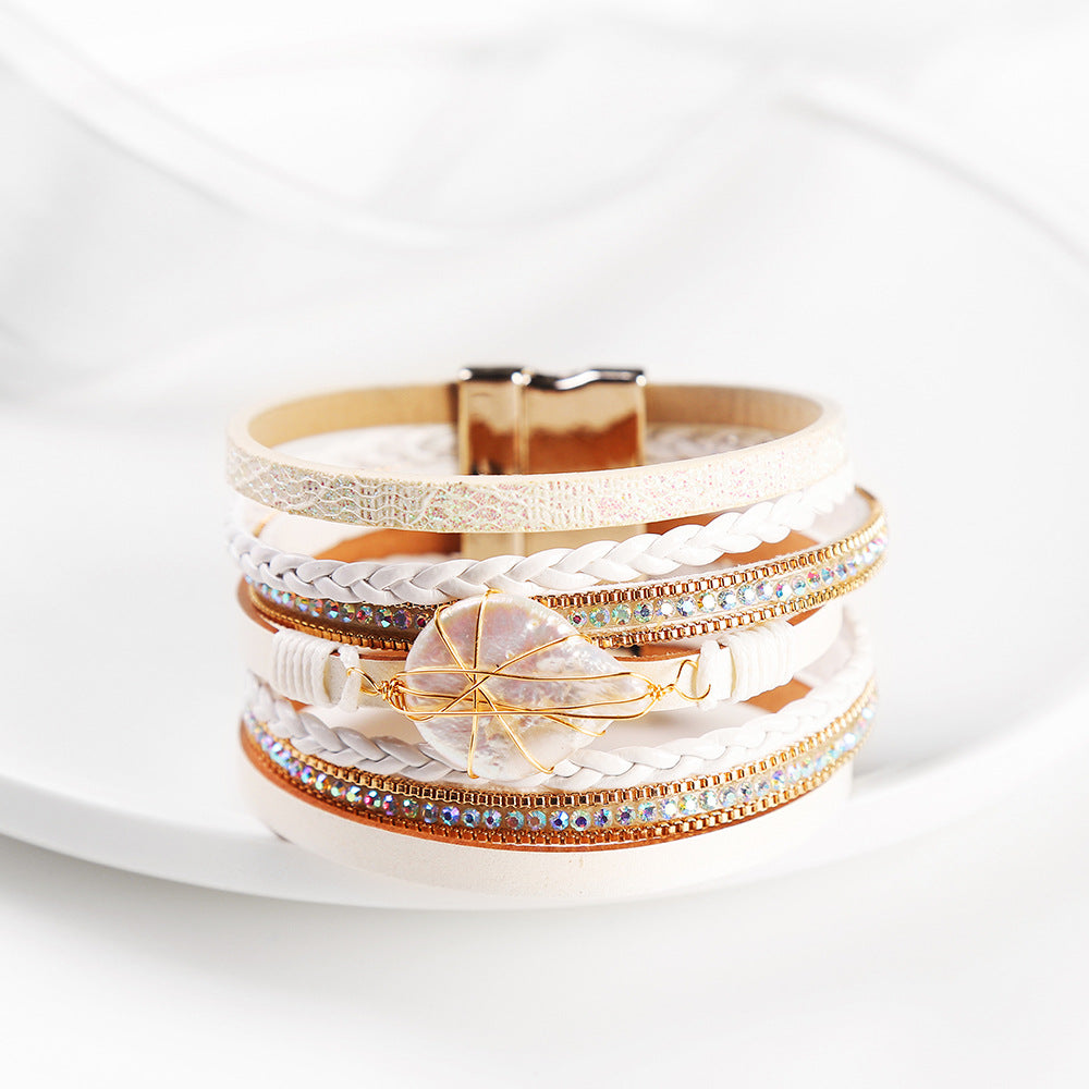 Wholesale Baroque Freshwater Pearl Braided Multi-Layered Leather Bracelet