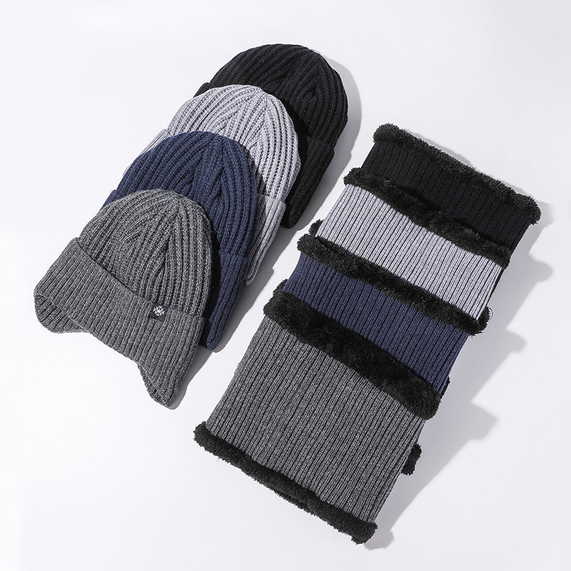 Wholesale Solid Color Warm Hat and Scarf Suit Thickened Wool Pullover Hat Autumn and Winter Men's Knitted Hat