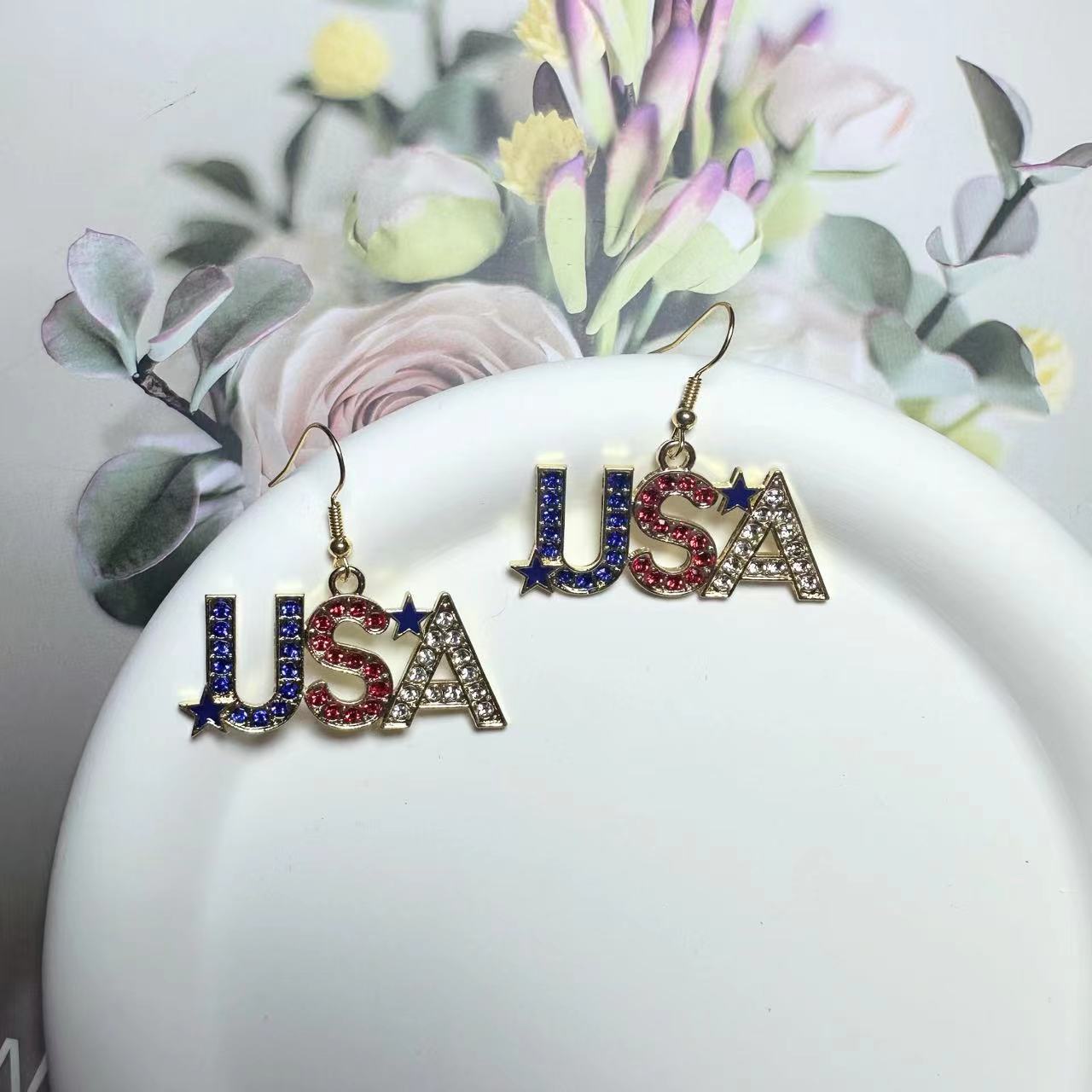 Wholesale American Independence Day Flag Five Pointed Star Diamond Alloy Necklace