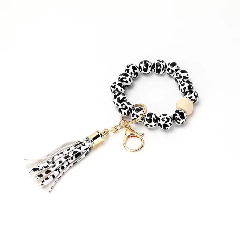 Wholesale Wooden Beads PU Tassel Bracelet Keychain