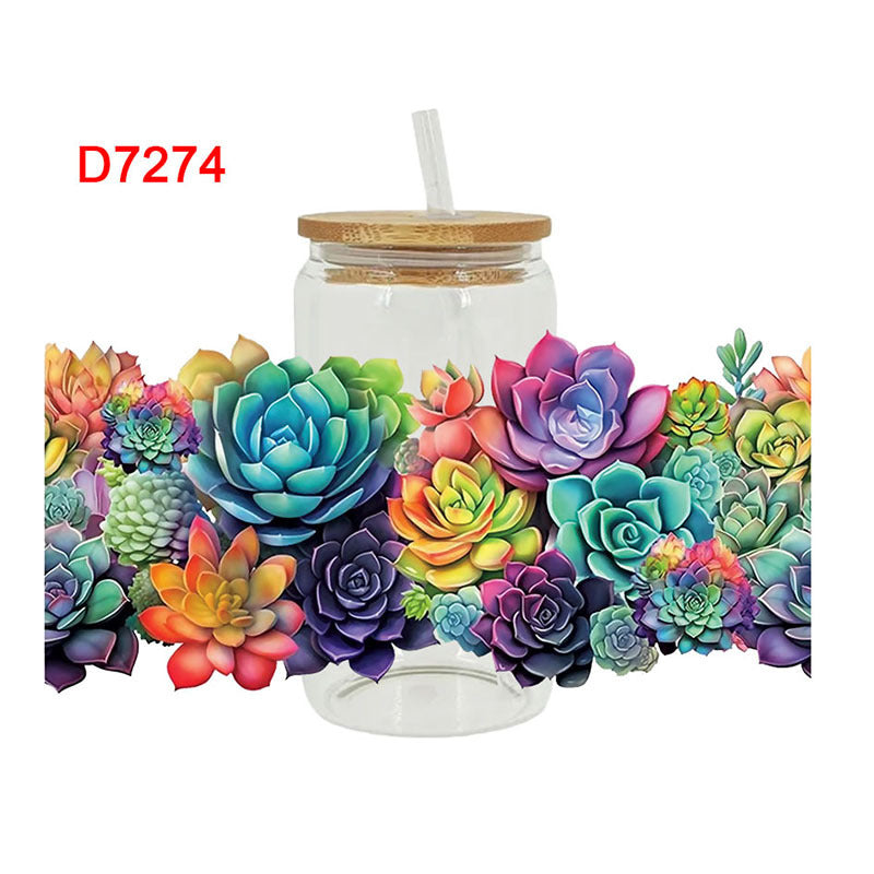 Wholesale Colorful succulent flowers  16oz Cup UV DTF Wraps