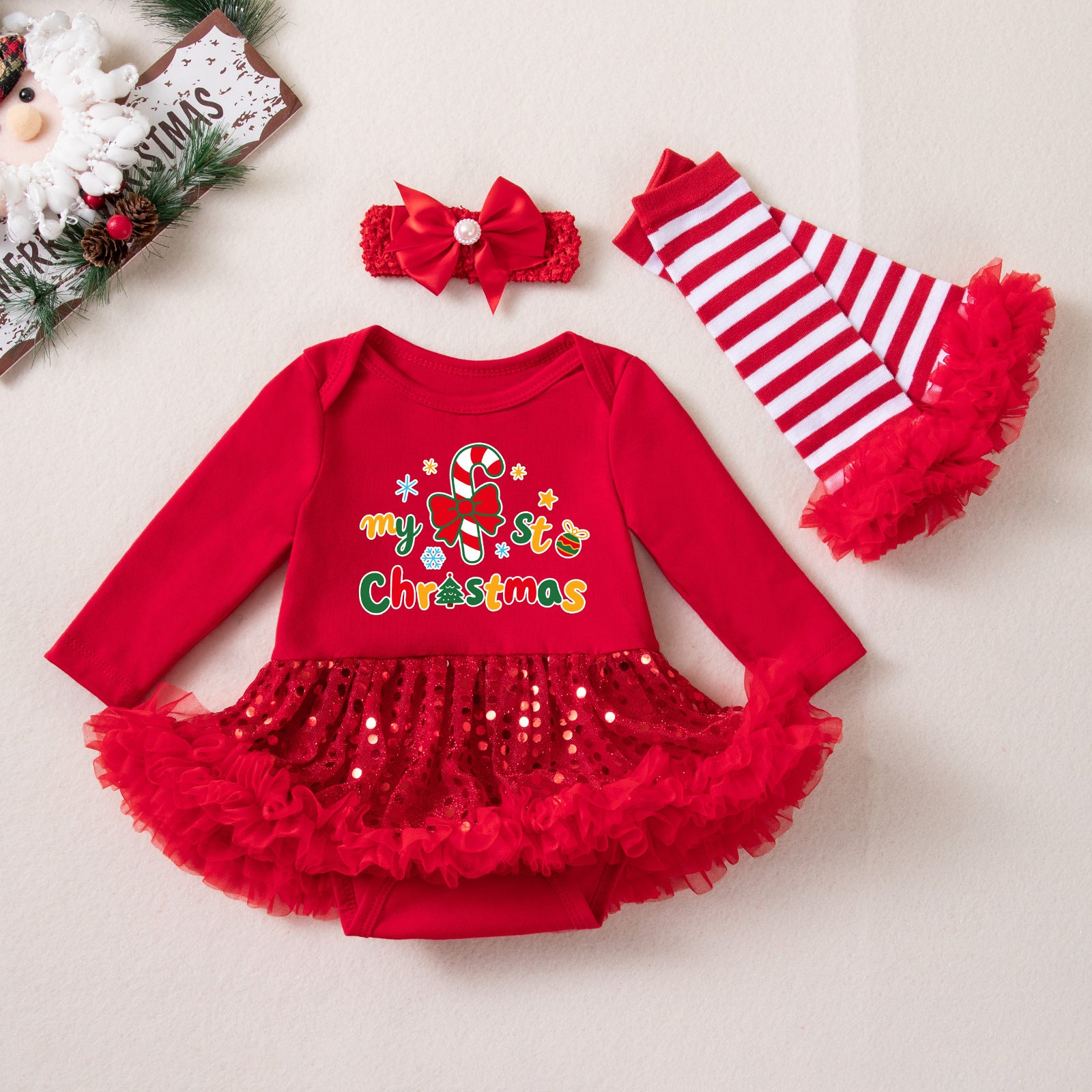 Wholesale Red Long Sleeve Sequin Tulle Baby Girl Christmas Dress Set With Hairband Leg Warmers Boutique Holiday Outfit