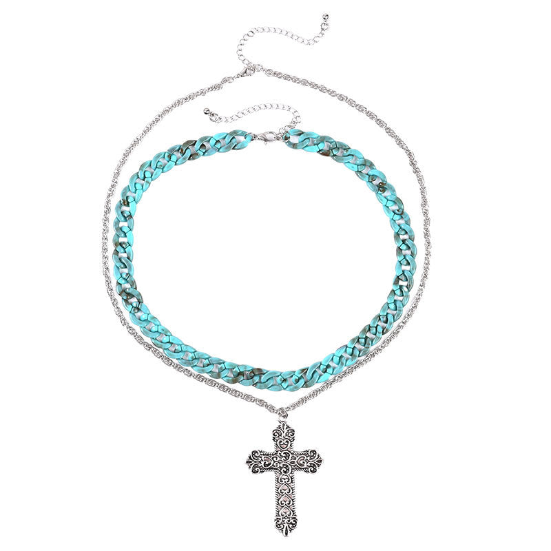 Wholesale Double Layer Cross Cuban Zinc Alloy Necklace