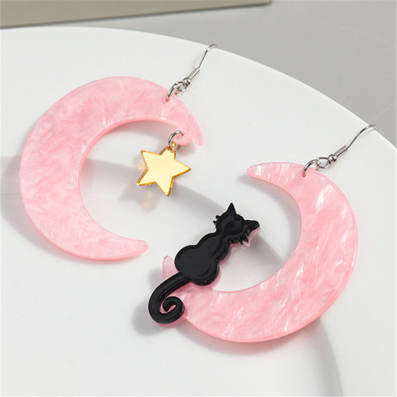 Wholesale Asymmetric Acrylic Moon Cat Creative Exaggerated Earrings