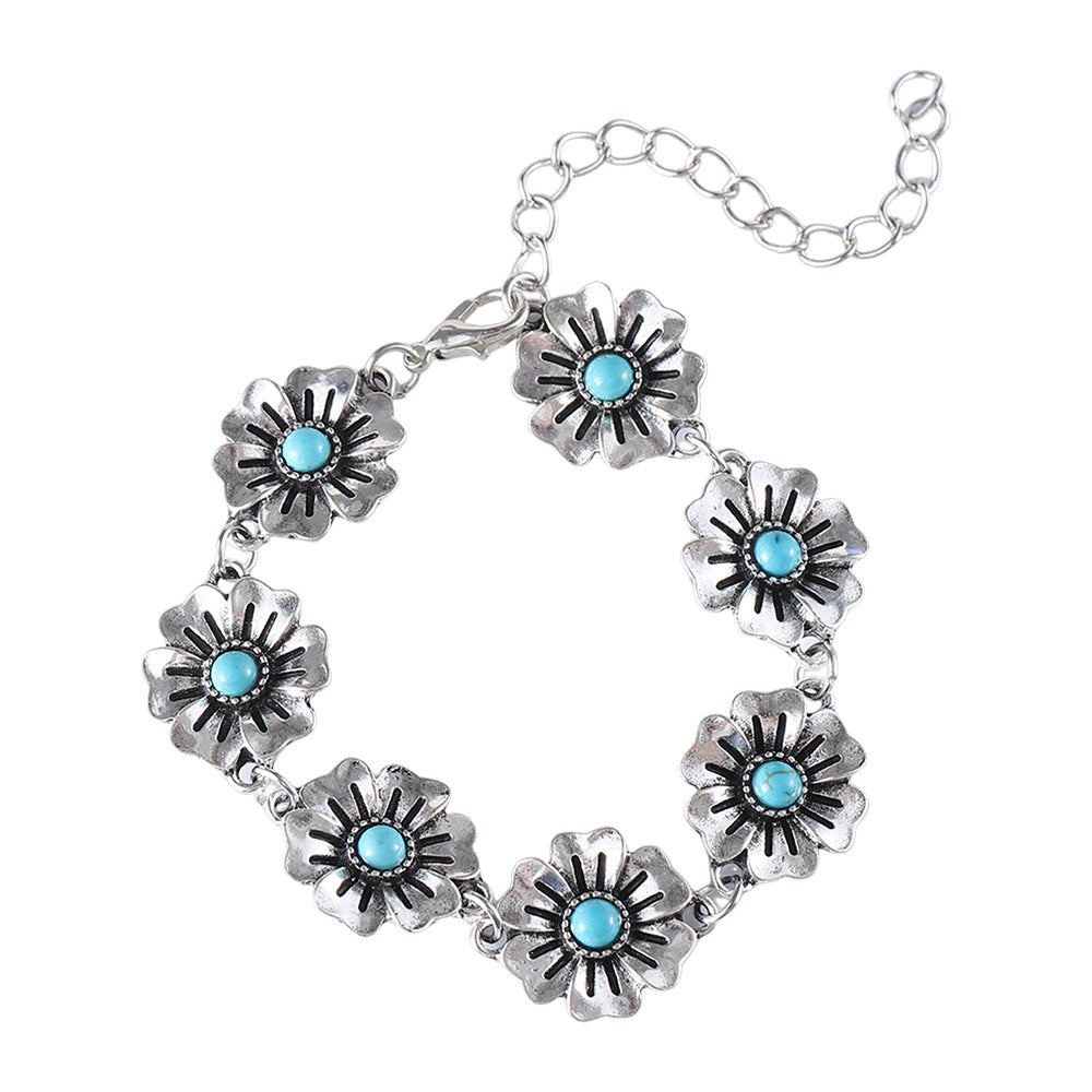 Wholesale Retro Floral Turquoise Bracelet And Earrings Set Zinc Alloy Fashion Jewelry Gift For Party Wear