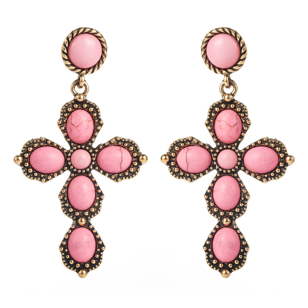 Wholesale Western style oval exaggerated cross earrings with white turquoise