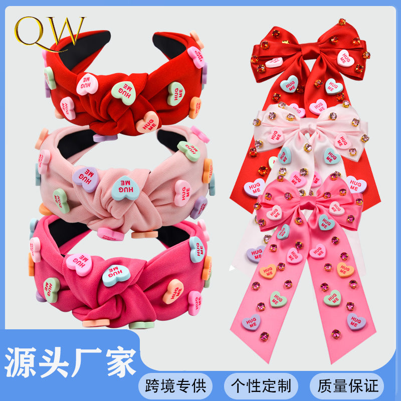 Wholesale Valentine's Day love letter fabric knotted fashionable wide-brimmed hairpin combination