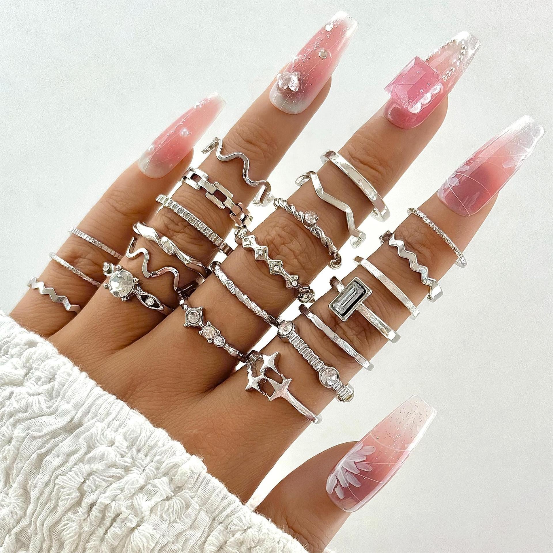 Wholesale Retro Butterfly Flower Moon Ring Punk Snake Stacking Joint Ring Set